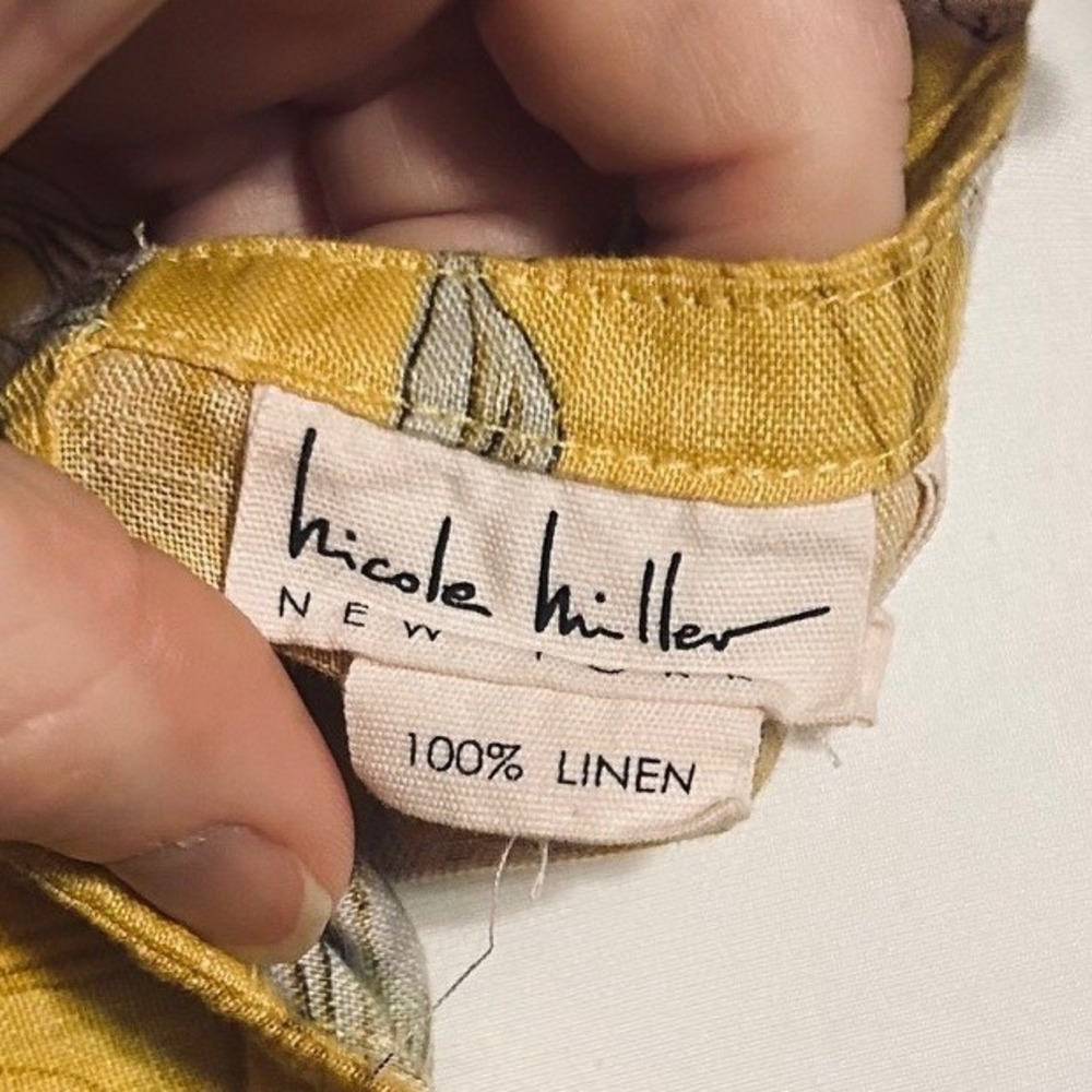 Nicole Miller Yellow Floral 100% Linen Button Back Top XS Cottage Lagenlook Chic - Picture 5 of 10
